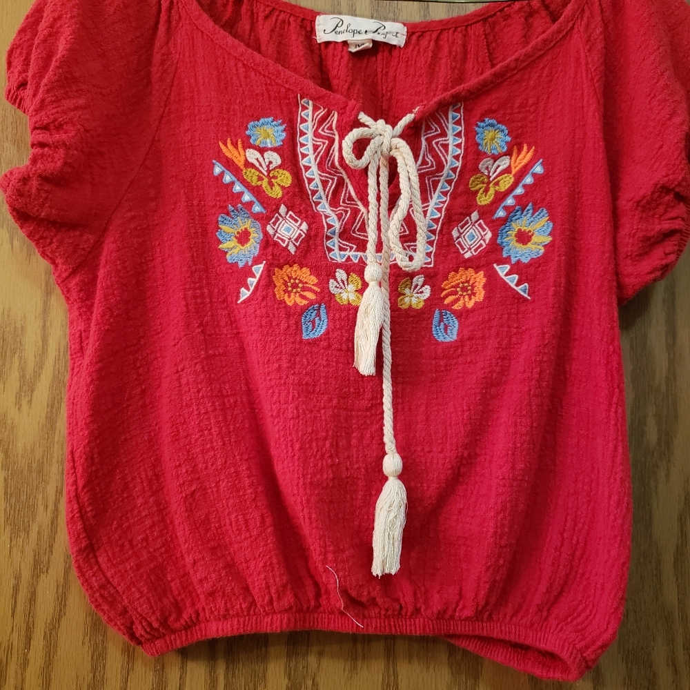Beautiful red, embroidery, short sleeve blouse with a Mexican vibe.